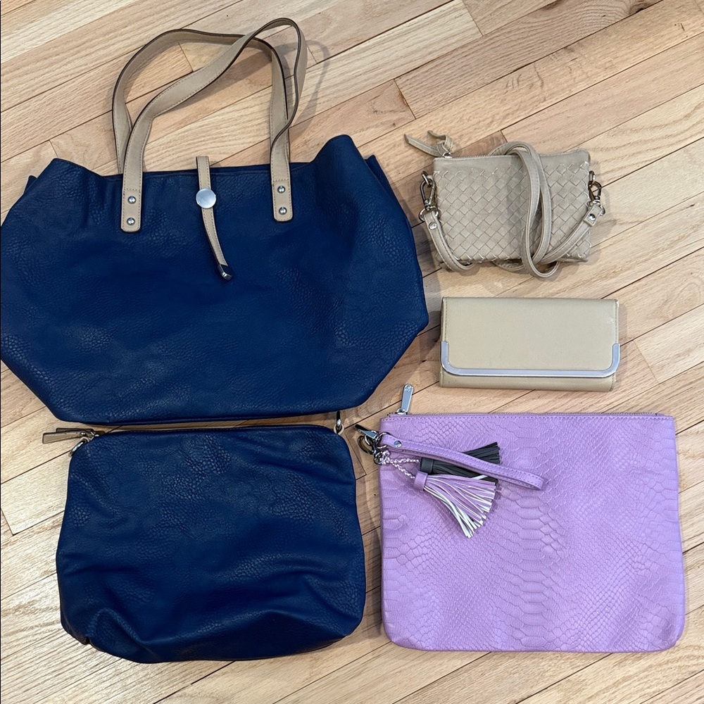 Charming Charlie 5 Piece Crossbody Tote Bag Wallet and Wristlet Collection